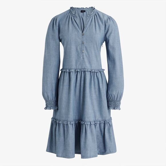 J. Crew Factory Dresses & Skirts - NWOT J.Crew Factory Tiered Ruffle Cotton Blue Long Sleeve Chambray Dress Size 6